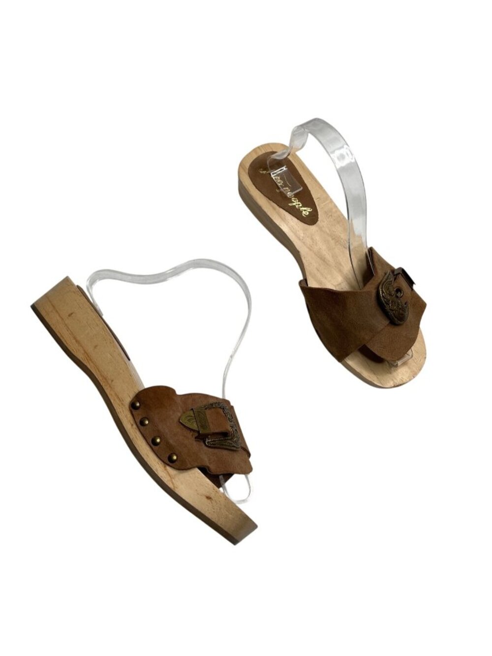 Free People Westtown Brown Leather Western Wooden Clog Sandals Size 38